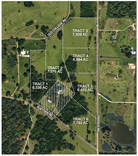 Old College Acres tract map showing six available homesites